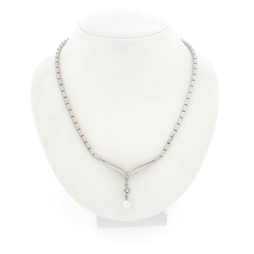 Witgouden collier met parel en diamant | 0,05 ct., Sieraden, Tassen en Uiterlijk, Kettingen, Overige kleuren, Gebruikt, Met edelsteen