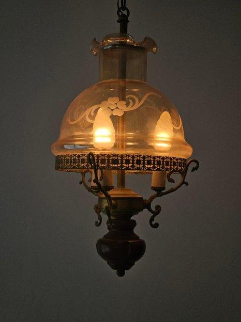 Plafondlamp - Glas, Hout, Legering - rook snede, Antiek en Kunst, Curiosa en Brocante