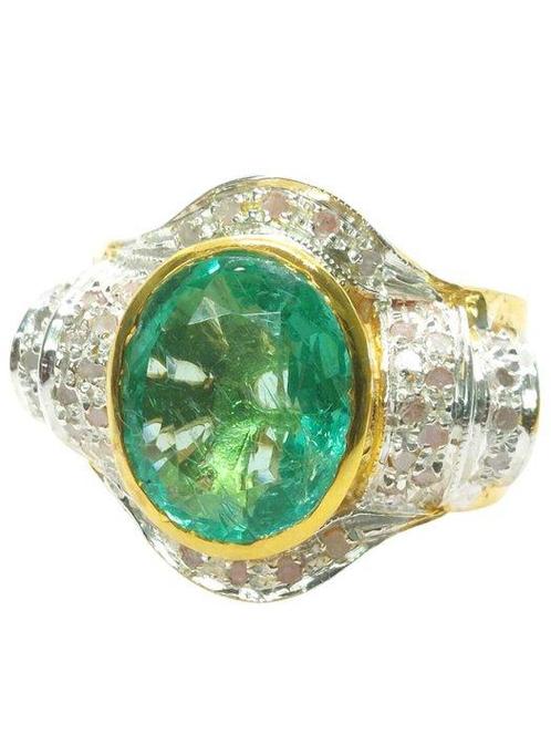 Zonder Minimumprijs - Ring - 9 kt. Geel goud, Zilver Smaragd, Sieraden, Tassen en Uiterlijk, Ringen