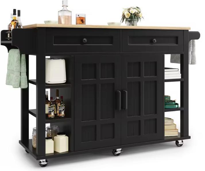 Zwart Keukeneiland op Wielen – Klapzijden &amp; 2 Lades, 147 cm, Huis en Inrichting, Keuken | Keukenelementen, Nieuw, Verzenden