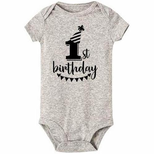 Cakesmash romper My First Birthday grijs met zwarte opdruk, Kinderen en Baby's, Babykleding | Maat 80, Jongetje, Nieuw, Shirtje of Longsleeve