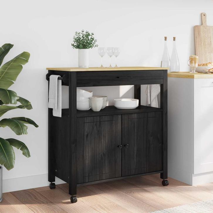 vidaXL Keuken Trolley Zwart 88,5 x 40 x 48 cm Massief, Huis en Inrichting, Keuken | Keukenbenodigdheden, Nieuw, Verzenden