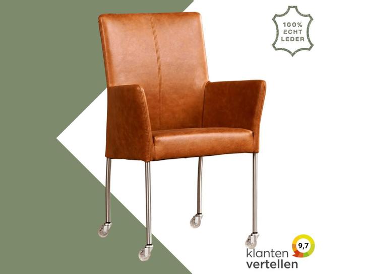 Leren eetkamerstoel Comfort met wieltjes en armleuning -, Huis en Inrichting, Stoelen, Eén, Bruin, Nieuw, Leer, Ophalen of Verzenden