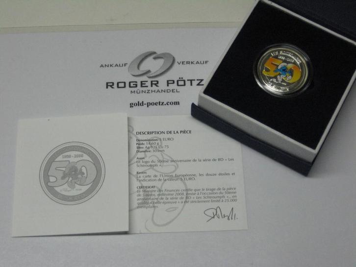 Belgie 5 Euro 2008 Schluempfe Smurphs in Farbzilver Pp ge..., Postzegels en Munten, Munten | Europa | Euromunten, Verzenden