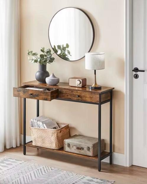 Industriële Consoletafel met 2 Lades - Vintage-hout en Zwart, Antiek en Kunst, Antiek | Meubels | Tafels, Verzenden