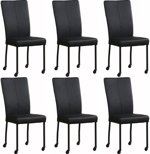Set van 6 Leren eetkamerstoelen - met wieltjes - Echt leer,, Huis en Inrichting, Stoelen, Vijf, Zes of meer stoelen, Overige kleuren