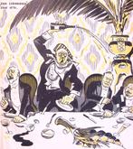 Spotprent met man die diner verstoort (lijst optie, Lithos), Verzenden