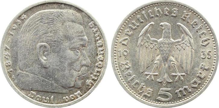 5 Mark Duitsland 5 Reichsmark Hindenburg 1935 A f vz J 36..., Postzegels en Munten, Munten | Europa | Niet-Euromunten, Verzenden