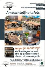 Maatwerk Suar eiken boomstamtafels nu magazijnopruiming, 100 tot 150 cm, Robuust natuurlijk grillig industrieel, Vijf personen of meer