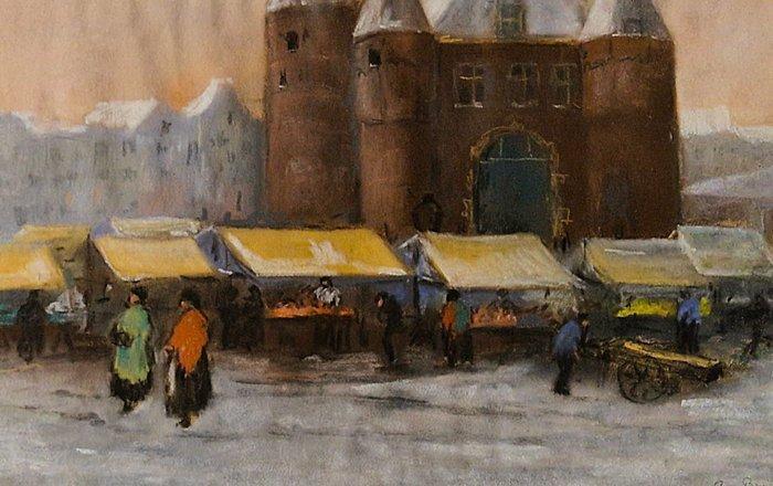 Cornelis de Bruin (1870 -1940) - Winters Amsterdam - markt, Antiek en Kunst, Kunst | Schilderijen | Klassiek