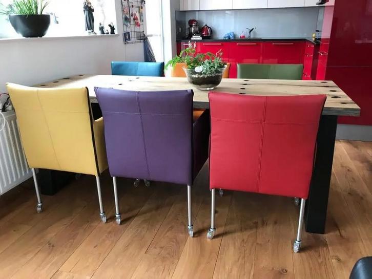 Set van 6 leren kuip eetkamerstoelen met wieltjes -, Huis en Inrichting, Stoelen, Nieuw, Leer, Ophalen of Verzenden