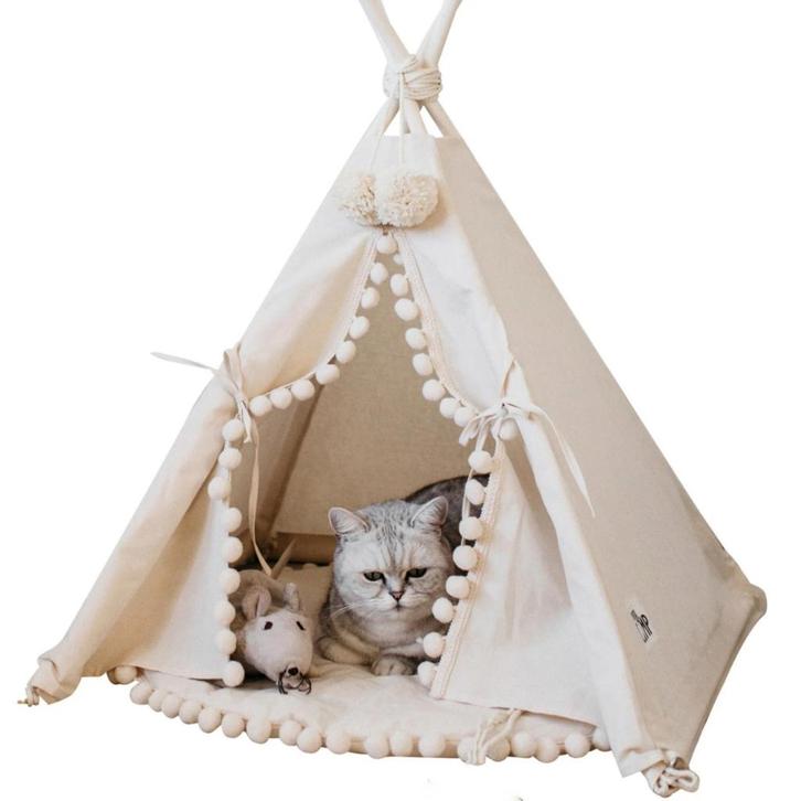 Tipi  tent  voor katten in ecru met pompons – maat S, Kinderen en Baby's, Speelgoed | Speeltenten, Nieuw, Ophalen of Verzenden