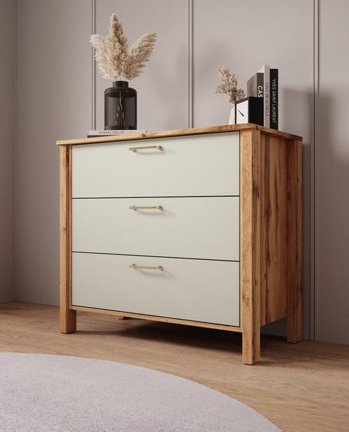 Meubella | Ladekast beige met eiken 90 cm - 3 lades, Huis en Inrichting, Kasten | Ladekasten, 25 tot 50 cm, Nieuw, 50 tot 100 cm