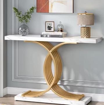 Consoletafel goud met marmerlook blad en metalen onderstel beschikbaar voor biedingen