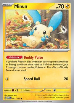 Minun 061/182 reverse holo Paradox Rift, Hobby en Vrije tijd, Verzamelkaartspellen | Pokémon, Losse kaart, Nieuw, Foil, Ophalen of Verzenden