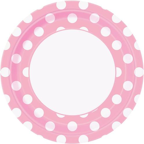 Lichtroze Borden Witte Stippen 22,2cm 8st, Hobby en Vrije tijd, Feestartikelen, Nieuw, Verzenden
