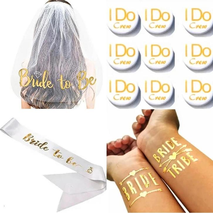 Vrijgezellenfeest set met sluier, sjerp, buttons en tattoos, Kleding | Dames, Trouwkleding en Trouwaccessoires, Wit, Nieuw, Accessoires