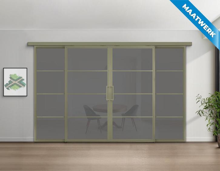 Dubbele stalen Schuifdeuren met koofsysteem en glaspanelen 4, Doe-het-zelf en Verbouw, Kozijnen en Schuifpuien, Nieuw, Inclusief glas