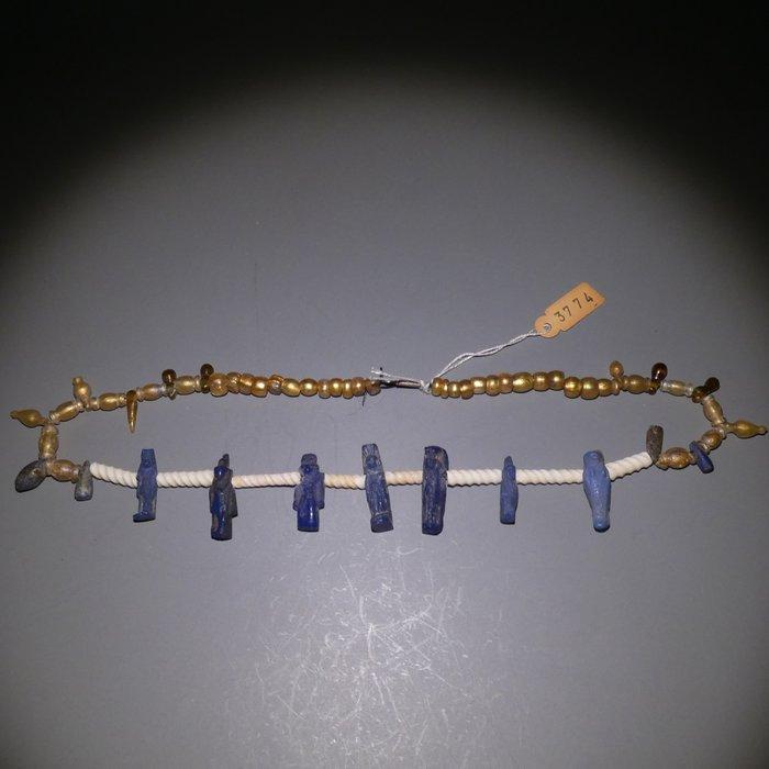 Oud-Egyptisch Faience, Glas Ketting met godenamulet. 44 cm, Verzamelen, Mineralen en Fossielen
