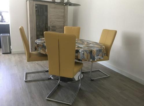 Set van 4 leren eetkamerstoelen - met sledepoot - geel leer, Huis en Inrichting, Stoelen, Nieuw, Leer, Ophalen of Verzenden