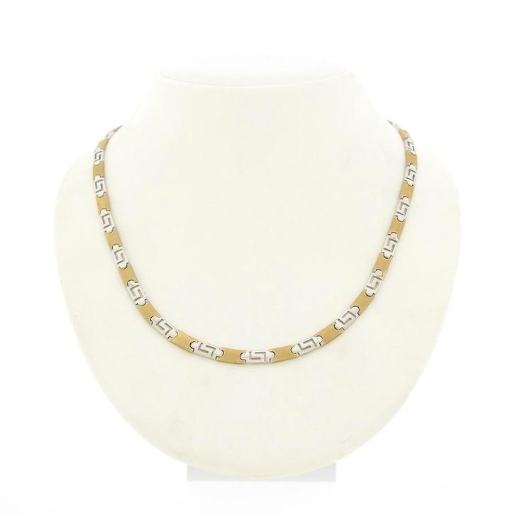 Bicolor gouden collier met meander patroon | 43 cm (witgoud), Sieraden, Tassen en Uiterlijk, Kettingen, Overige kleuren, Gebruikt