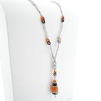 18 Krt. Witgouden ketting met vaste hanger; onyx, bloedko..., Gebruikt, Overige kleuren, Ophalen of Verzenden, Met edelsteen