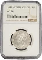 Koning Willem II 1 gulden 1847 AU58 NGC gecertificeerd, Zilver, Losse munt, Verzenden
