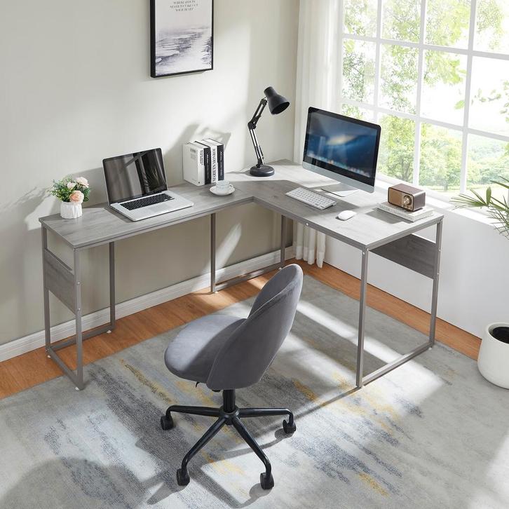 Hoekbureau Karlstang L-vormig lichtgrijs met houtnerf 166x12, Huis en Inrichting, Bureaus, Verzenden