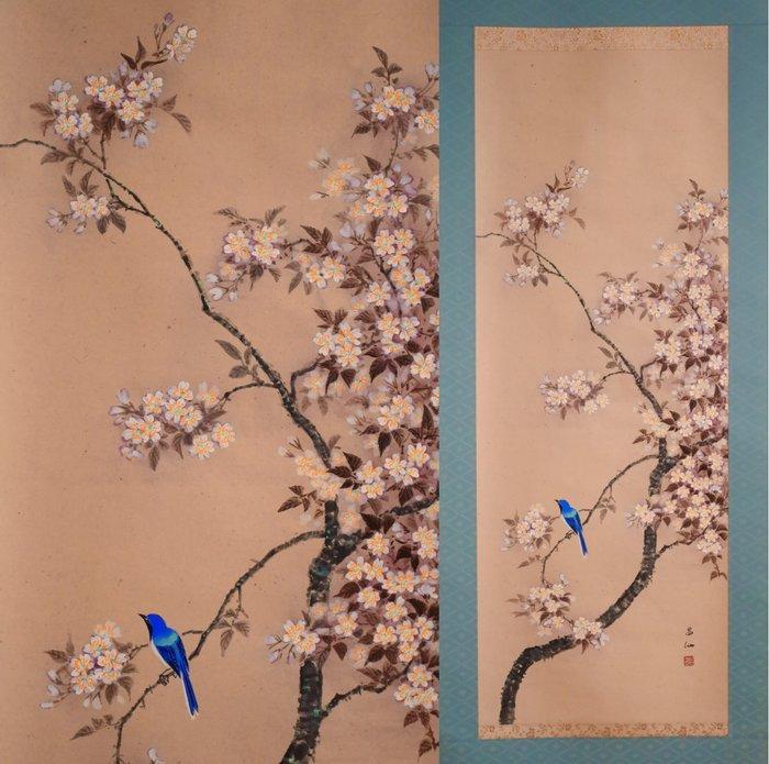 Lente bloem en kleine blauwe vogel - Kersenbloesems en, Antiek en Kunst, Antiek | Overige Antiek