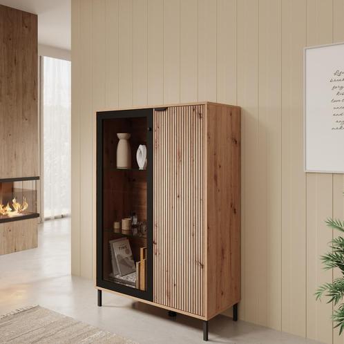 Meubella | Vitrinekast eiken zwart 93cm Glazen opbergkast, Huis en Inrichting, Kasten | Vitrinekasten, 25 tot 50 cm, Nieuw, 100 tot 150 cm