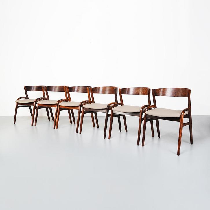 Vintage Deense eetkamerstoelen in palissanderhout, set van 6, Huis en Inrichting, Stoelen, Vijf, Zes of meer stoelen, Overige kleuren