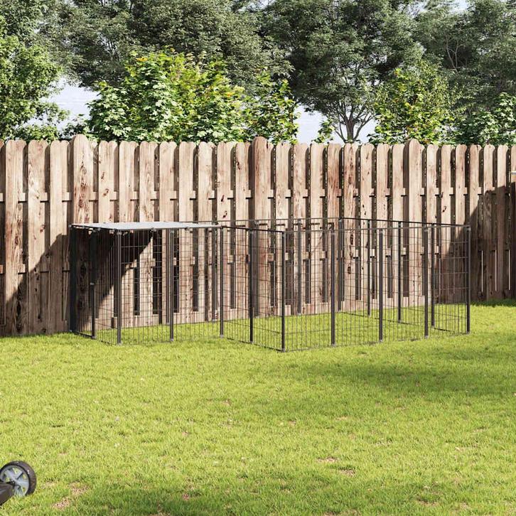 vidaXL Hondenkennel 6,05 m² staal zwart, Dieren en Toebehoren, Honden-accessoires, Nieuw, Verzenden