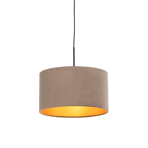 Hanglamp met velours kap taupe met goud 35 cm - Combi, Huis en Inrichting, Lampen | Hanglampen, Nieuw, Overige materialen, 75 cm of meer