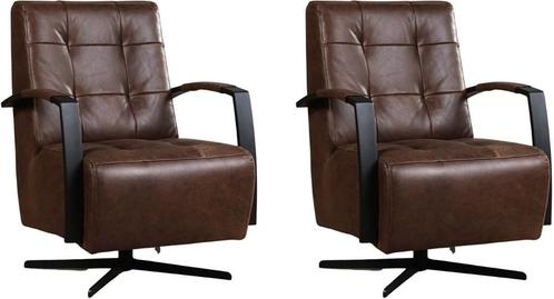 Bruine leren industriële draaifauteuils - staal zwart frame, Huis en Inrichting, Fauteuils, 50 tot 75 cm, 75 tot 100 cm, Nieuw