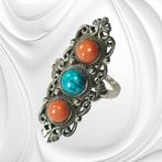 Berberse ring - Massief zilver, turquoise en rode koraal. -