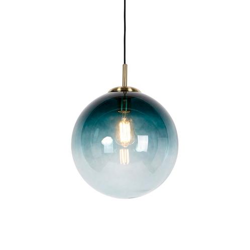 Art Deco hanglamp messing met oceaanblauw glas 33 cm -, Huis en Inrichting, Lampen | Hanglampen, Nieuw, Glas, 75 cm of meer