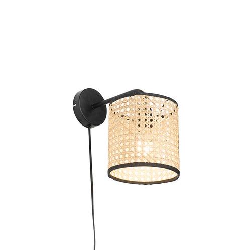 Landelijke wandlamp zwart met rotan kap - Kata, Huis en Inrichting, Lampen | Wandlampen, Nieuw, Overige materialen