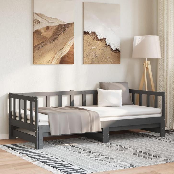 vidaXL Slaapbank uitschuifbaar massief grenenhout grijs, Huis en Inrichting, Slaapkamer | Bedden, 90 cm, 190 cm of minder, Grijs