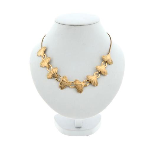 8 Krt. Fantasie schakel ketting met Japanse Ginkgo blader..., Sieraden, Tassen en Uiterlijk, Antieke sieraden, Goud, Ophalen of Verzenden
