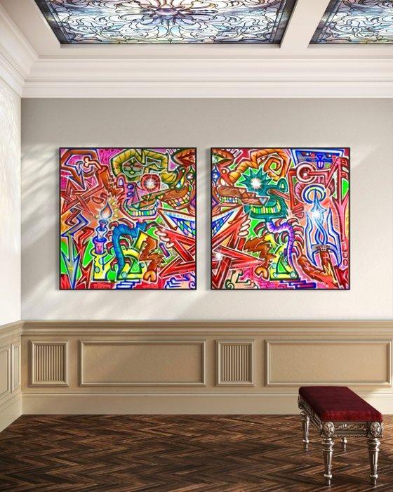 Doped Out M - Occult Relic - diptych 100% Original, Antiek en Kunst, Kunst | Schilderijen | Modern
