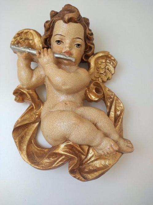 Snijwerk, Farbiger Engel mit Querflöte - Schutzengel -, Antiek en Kunst, Antiek | Boeken en Bijbels