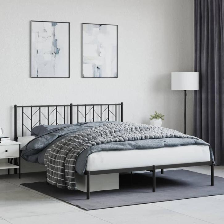 vidaXL Bedframe met hoofdbord metaal zwart 160x200 cm, Huis en Inrichting, Slaapkamer | Bedden, 160 cm, 200 cm, Zwart, Tweepersoons