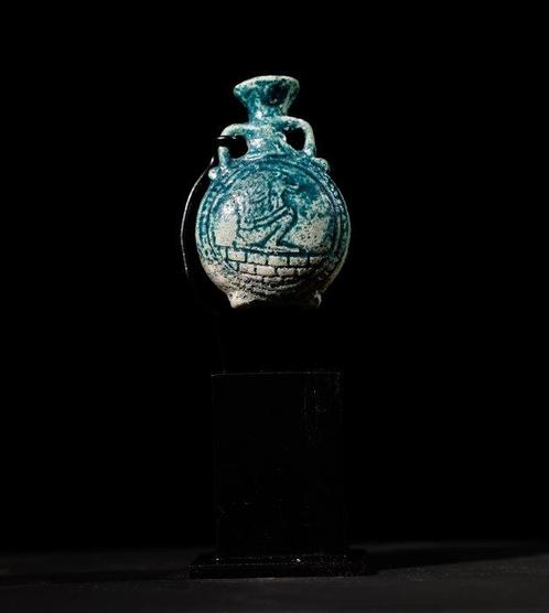Het oude Egypte, Faience Pelgrim flesje fles - 5 cm, Verzamelen, Mineralen en Fossielen