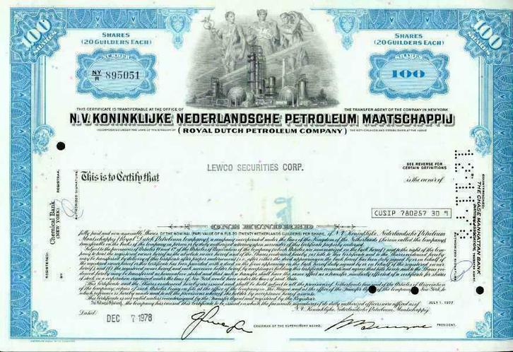 No more Royal Dutch for Shell: see old share certificates, Postzegels en Munten, Aandelen en Waardepapieren, Certificaat van aandeel