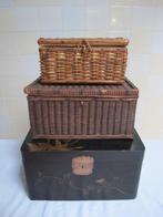 Kist (3) - Vintage rieten en lakhout koper ingelegde, Antiek en Kunst