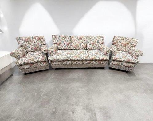 Zitgroep (3) - Hout, Textiel - Set bank en fauteuils, Antiek en Kunst, Kunst | Designobjecten