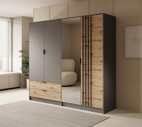 Kledingkast - Eiken Grijs - met spiegel lades Garderobekast, Huis en Inrichting, Kasten | Vitrinekasten, 50 tot 75 cm, Nieuw, 200 cm of meer