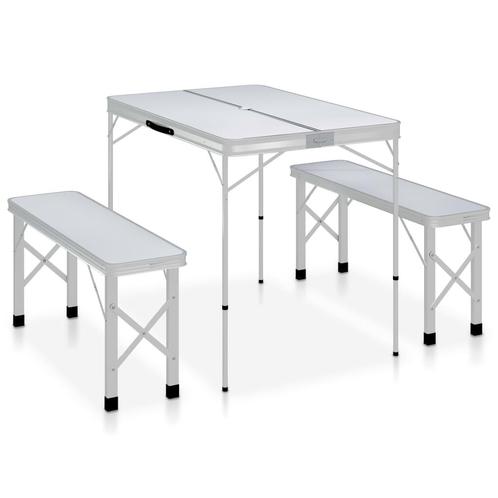 vidaXL Campingtafel inklapbaar met 2 banken aluminium wit, Caravans en Kamperen, Kampeermeubelen, Nieuw, Verzenden
