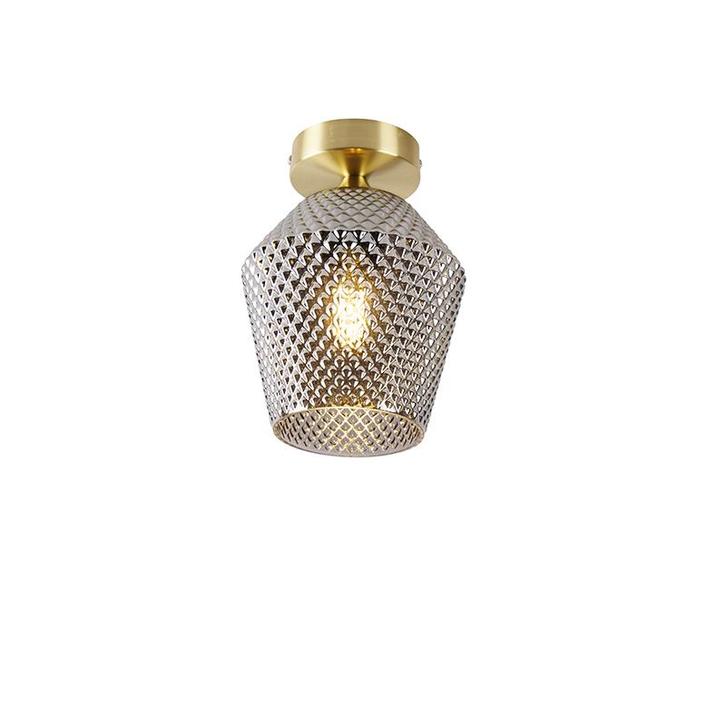 Art Deco plafondlamp messing met smoke glas - Karce, Huis en Inrichting, Lampen | Plafondlampen, Nieuw, Glas