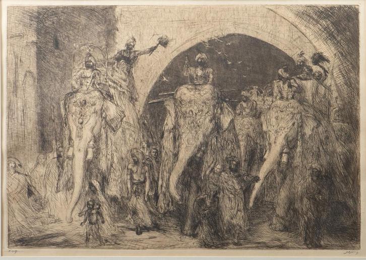 Marius Bauer (1867-1932), ‘Olifantenprocessie, Hyderabad’, Antiek en Kunst, Kunst | Schilderijen | Klassiek